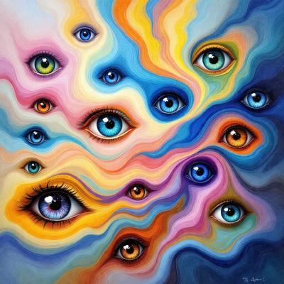 The primary subject of the image is a close-up of a person's face with multiple eyes. The setting is a colorful, abstract background that adds a vibrant and artistic touch to the scene. The visual style is a combination of digital art and illustration, creating a unique and eye-catching representation of the face. The colors and mood of the image are lively and energetic, with a focus on the various shades of blue and the overall artistic expression.